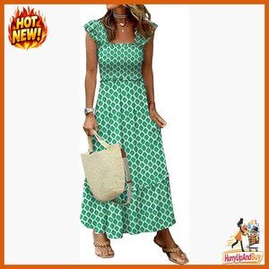 Sleeveless Maxi Dress Square Neck Smocked Boho Casual Ruffle Strap Flowy A-Line